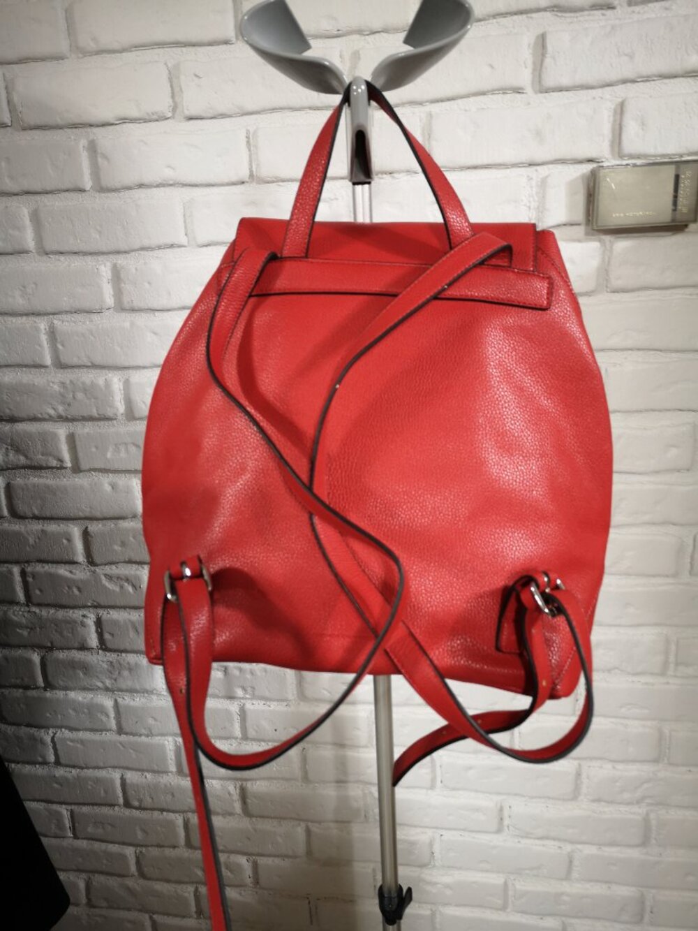 French Connection Red Faux Leather Pebble Finish Magnetic Closure Backpack Lined - Picture 3 of 10